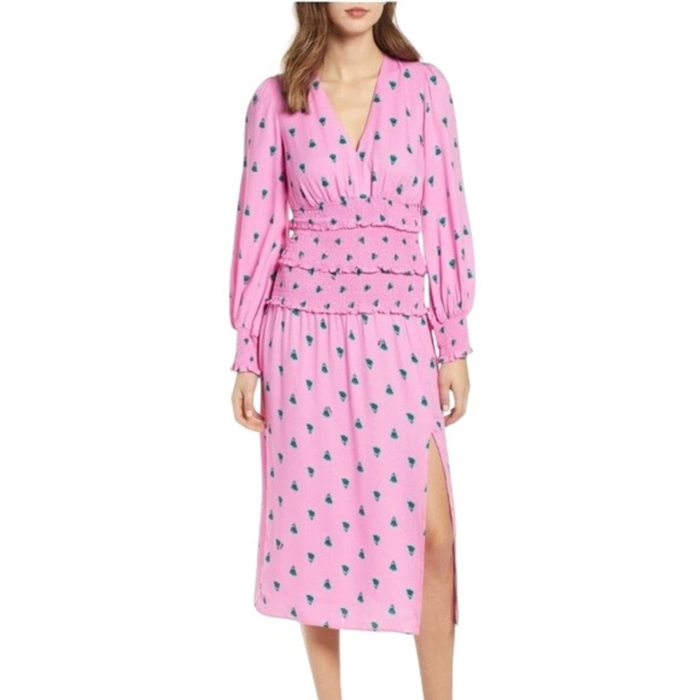 AFRM Hazel Pink Floral Smocked Waist Midi Dress V-Neck Long Sleeve XL Whimsy